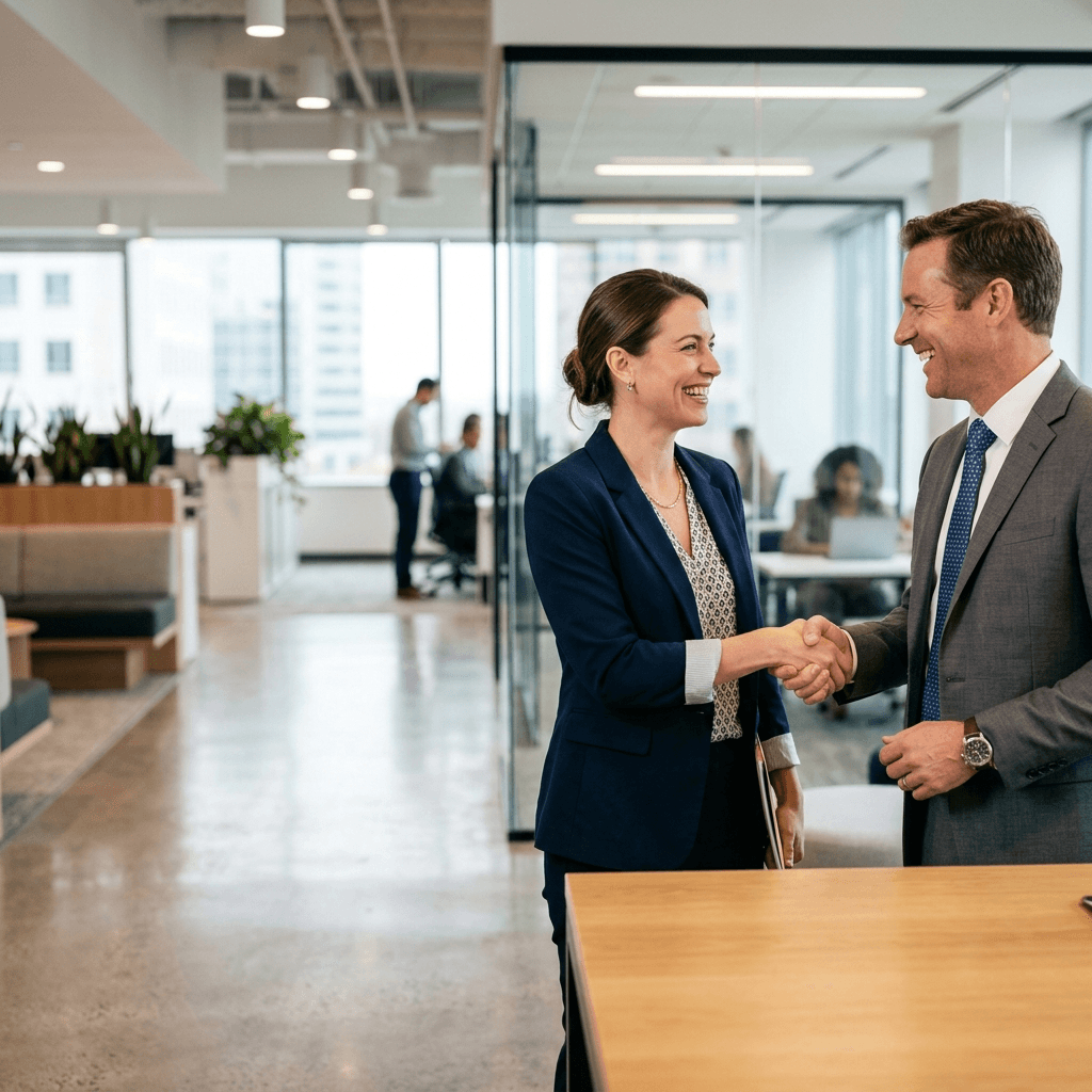 A job seeker shaking hands with a hiring manager